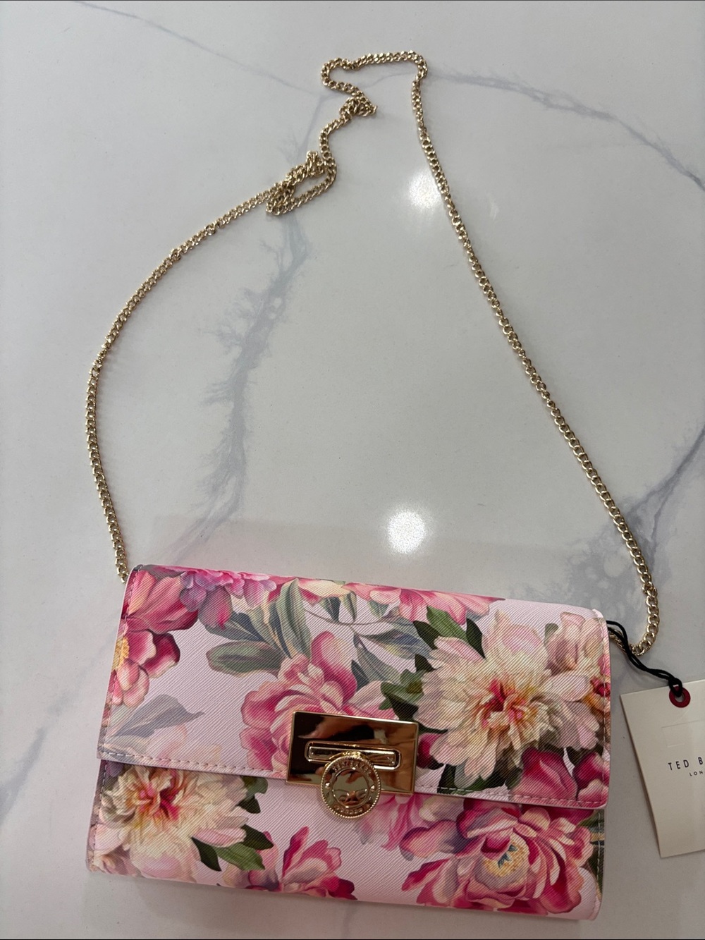 Ted Baker London Pink Floral Chain Crossbody Bag with Gold Hardware